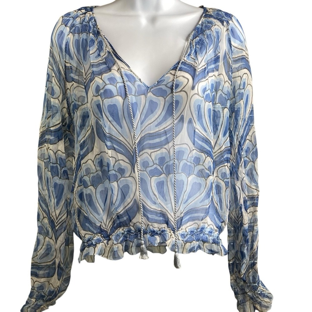 Kulson Women's Blue Modern Floral Print Peasant Boho Top Est.‎ Size M Artsy